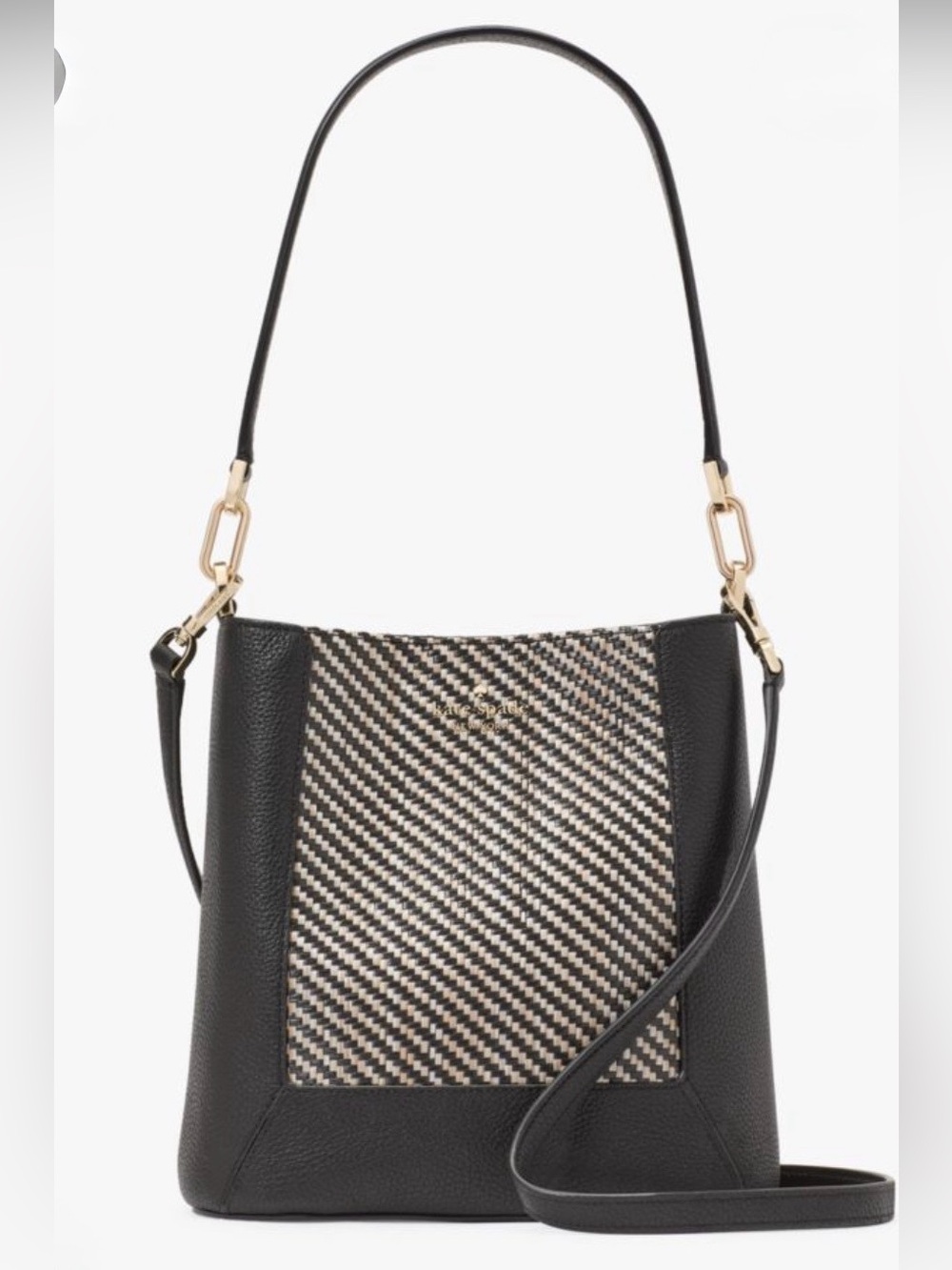 NWT Kate Spade NY Lena Straw Bucket Bag Raffia & Black Leather NEW